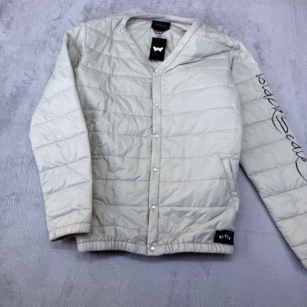 Black Scale Puffer Jacket Cream Off White Script Logo Snap Front Mens XXL NWT